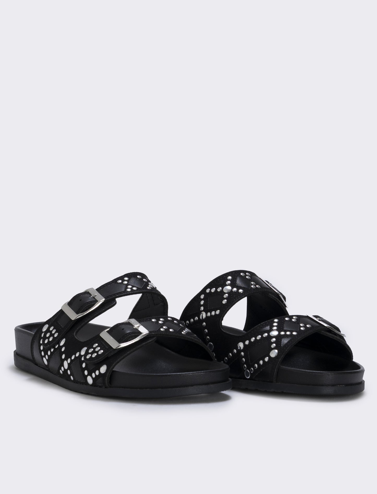 Black sandal with studs and double buckle - Black
