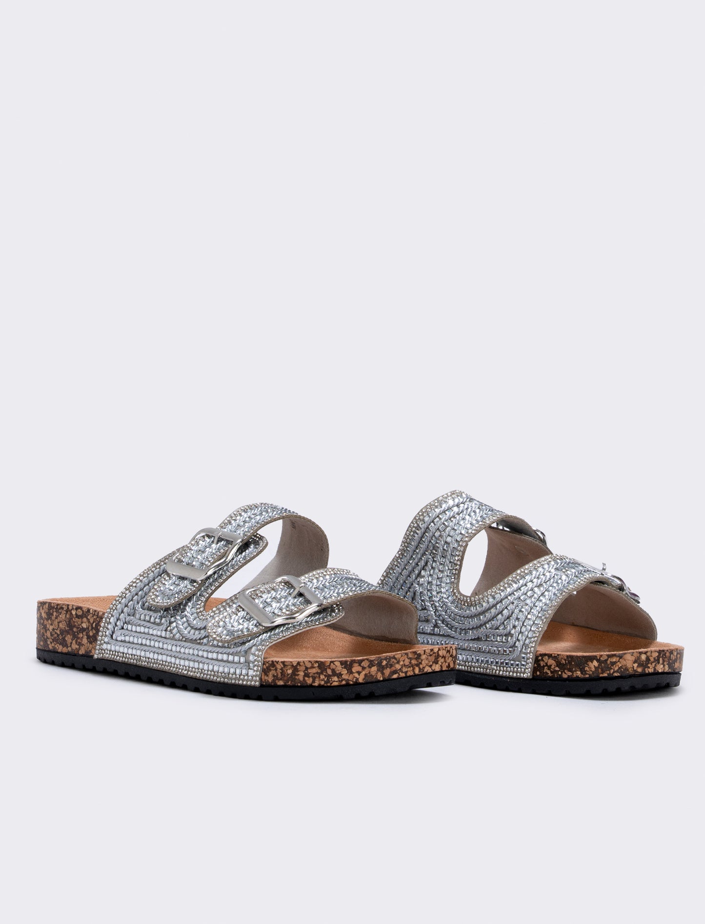 Sandalo con strass e doppia fibbia da donna - Argento