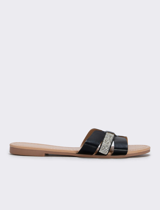 Mule da in poliuretano con strass - Nero