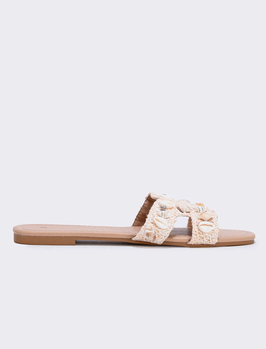 Mule beige effetto paglia con conchiglie - Beige