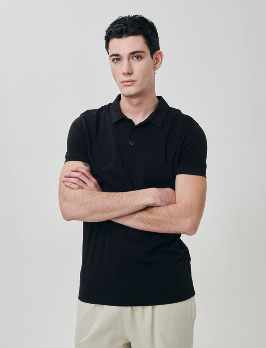 Polo Collo Derby in Cotone Elasticizzato - Nero