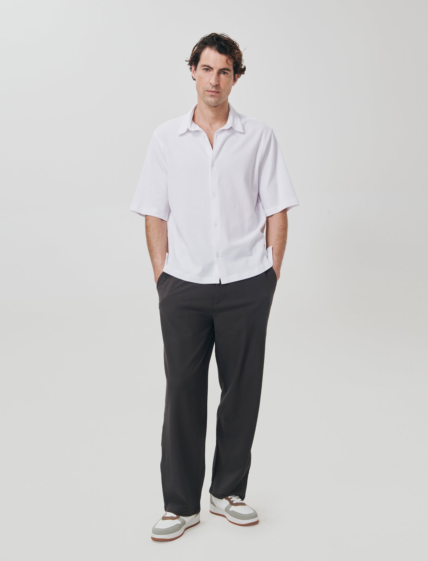 Micro Waffle Shirt with French Collar - White