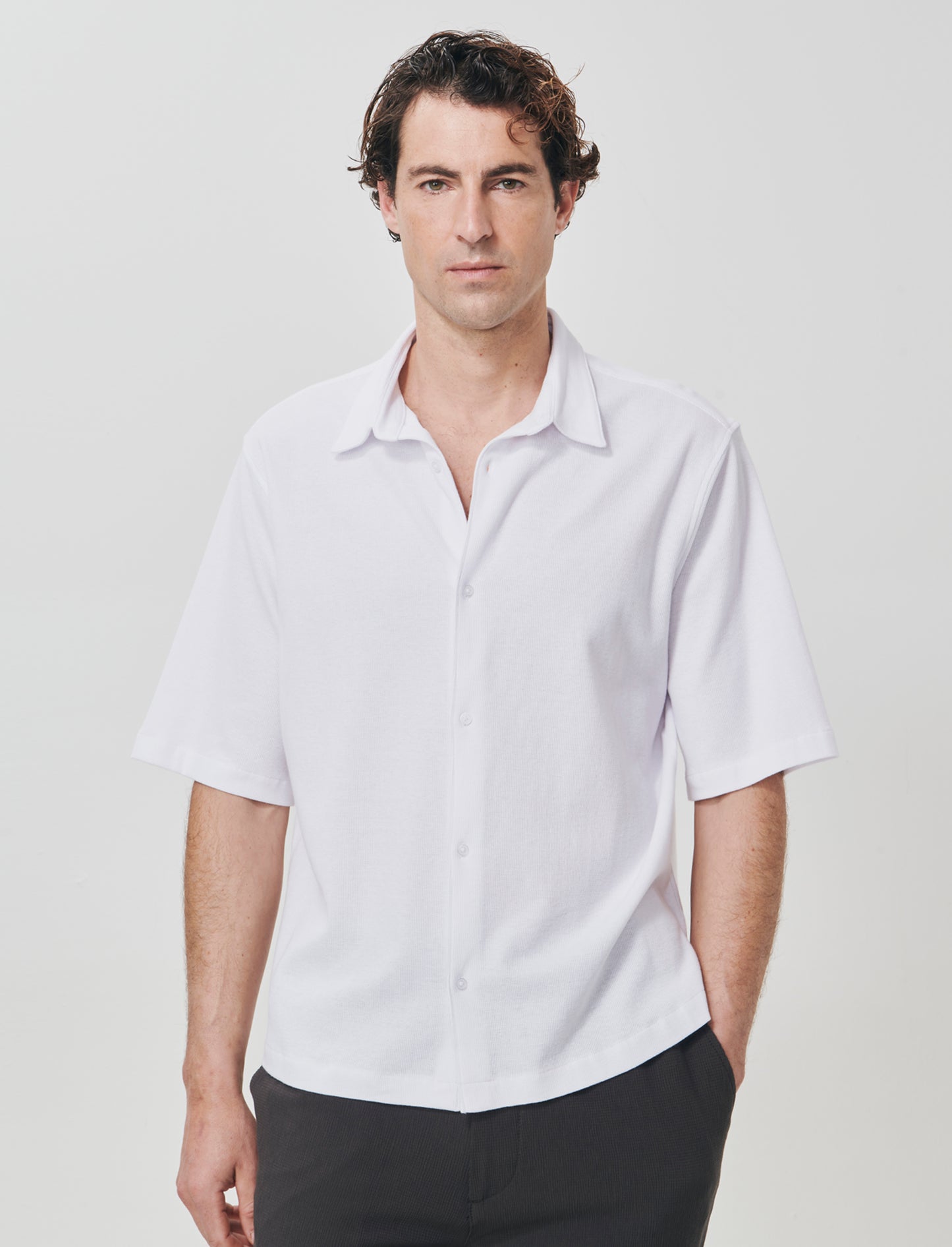 Micro Waffle Shirt with French Collar - White