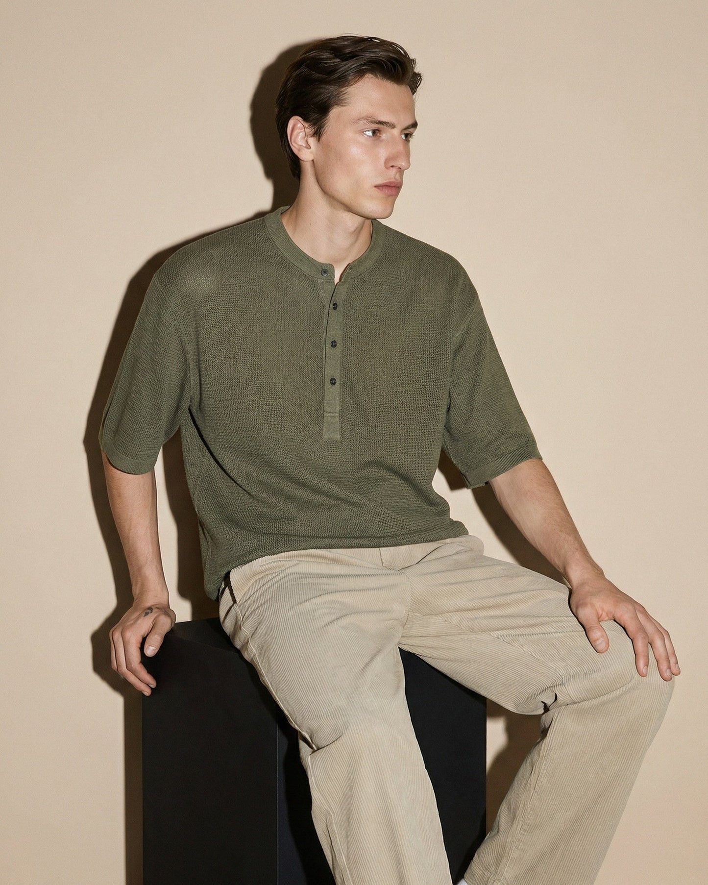 T-SHIRT SERAFINO IN TESSUTO DOBBY - Verde oliva