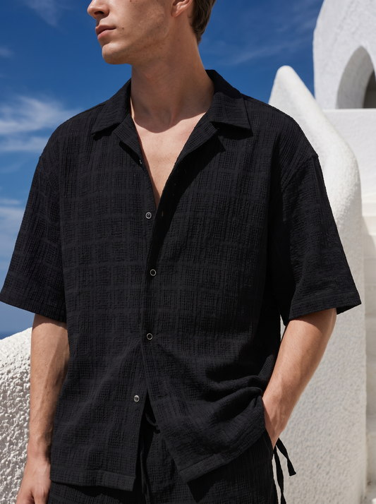 Camicia boxy fit in seer sucker con lacci - Nero