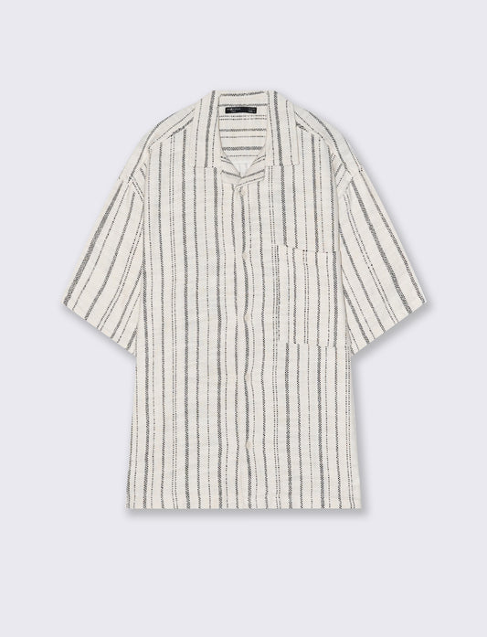 Camicia jacquard a righe maniche corte - Beige ecru