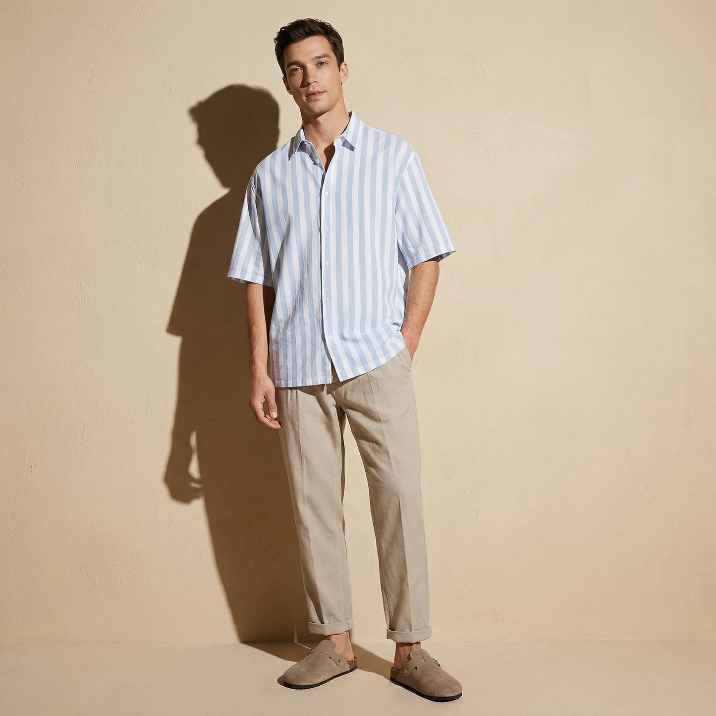 Camicia boxy fit a righe in viscosa - Celeste polvere