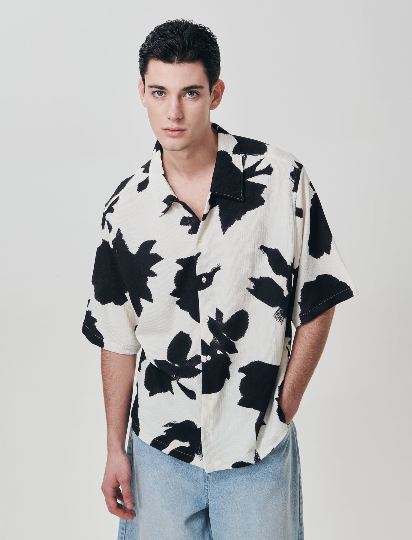 Camicia boxy fit jacquard astratto - Nero