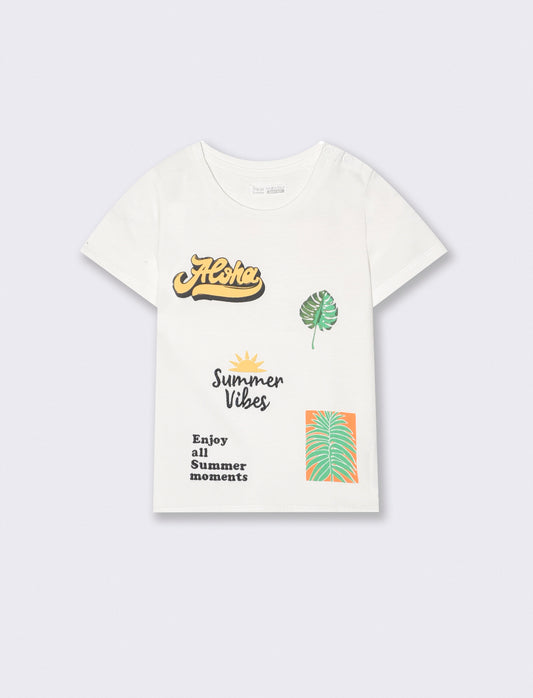 Maglietta girocollo con stampe e ricami - Bianco latte