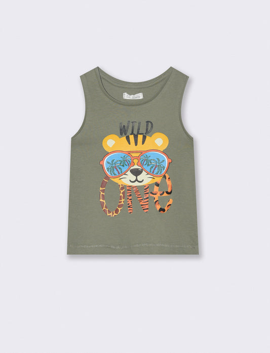Sleeveless round neck with large print - Green