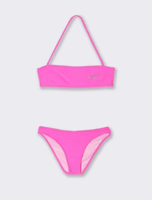 Costume due pezzi bambina con strass fiocco - Fuxia