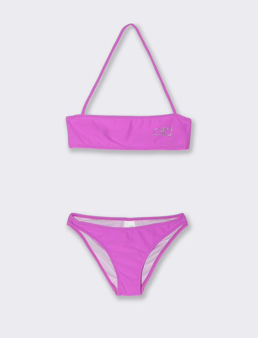 Costume due pezzi bambina con strass fiocco - Viola orchidea
