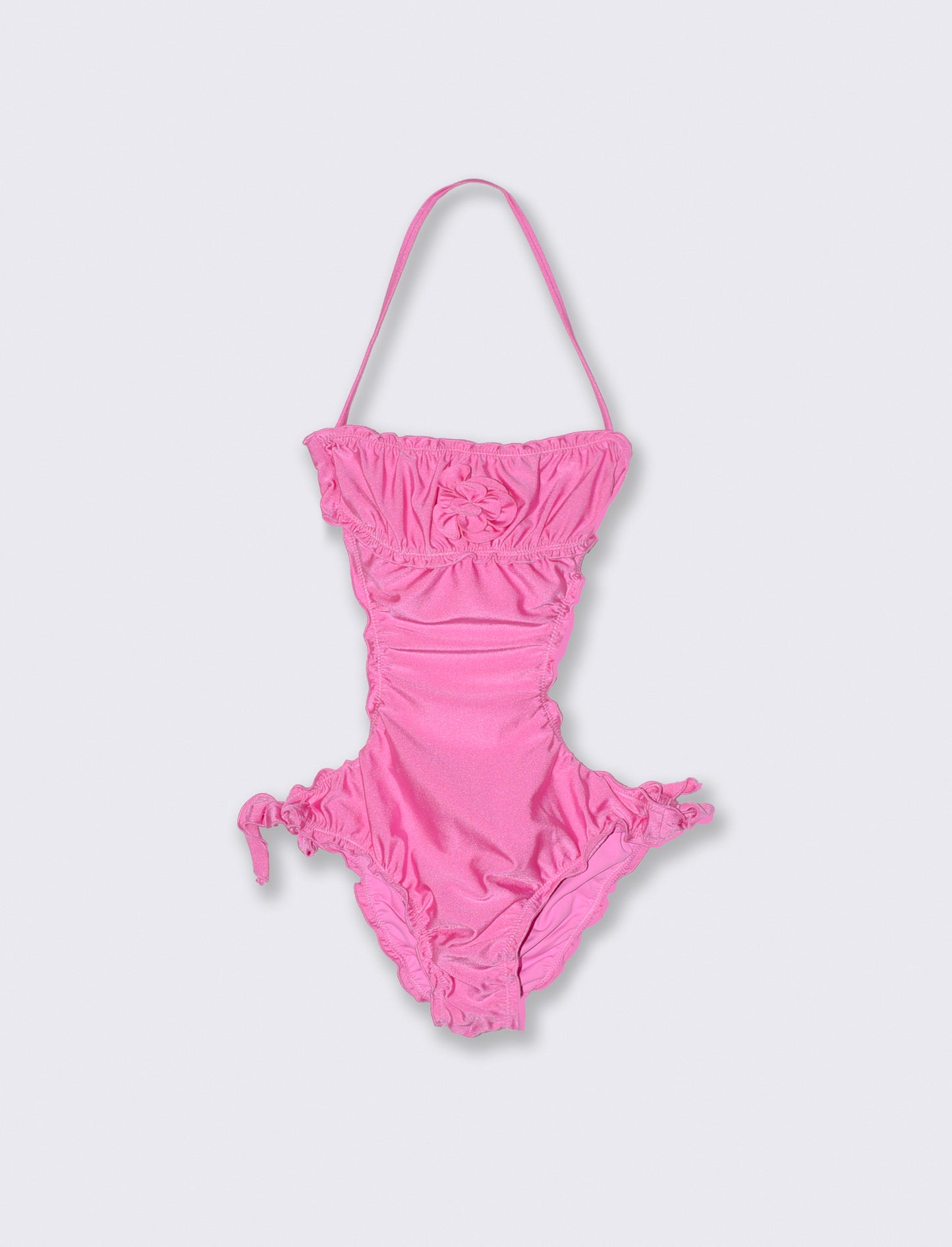 One-piece bandeau swimsuit with glamour flower - Fuxia
