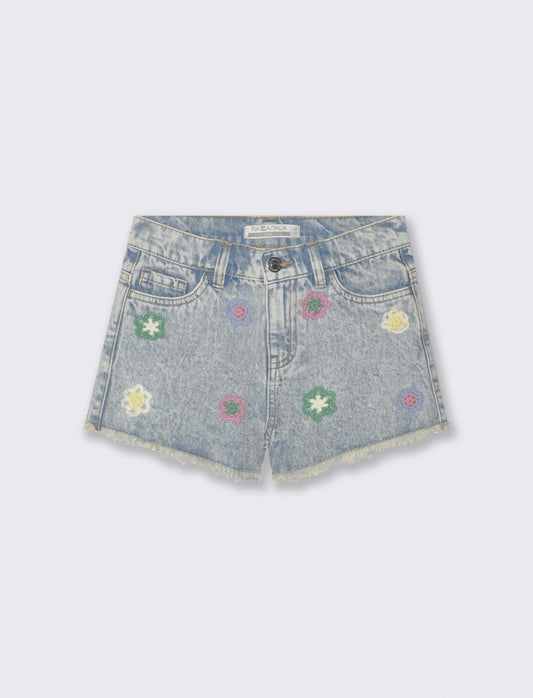 Short in denim con fiori in crochet - Denim