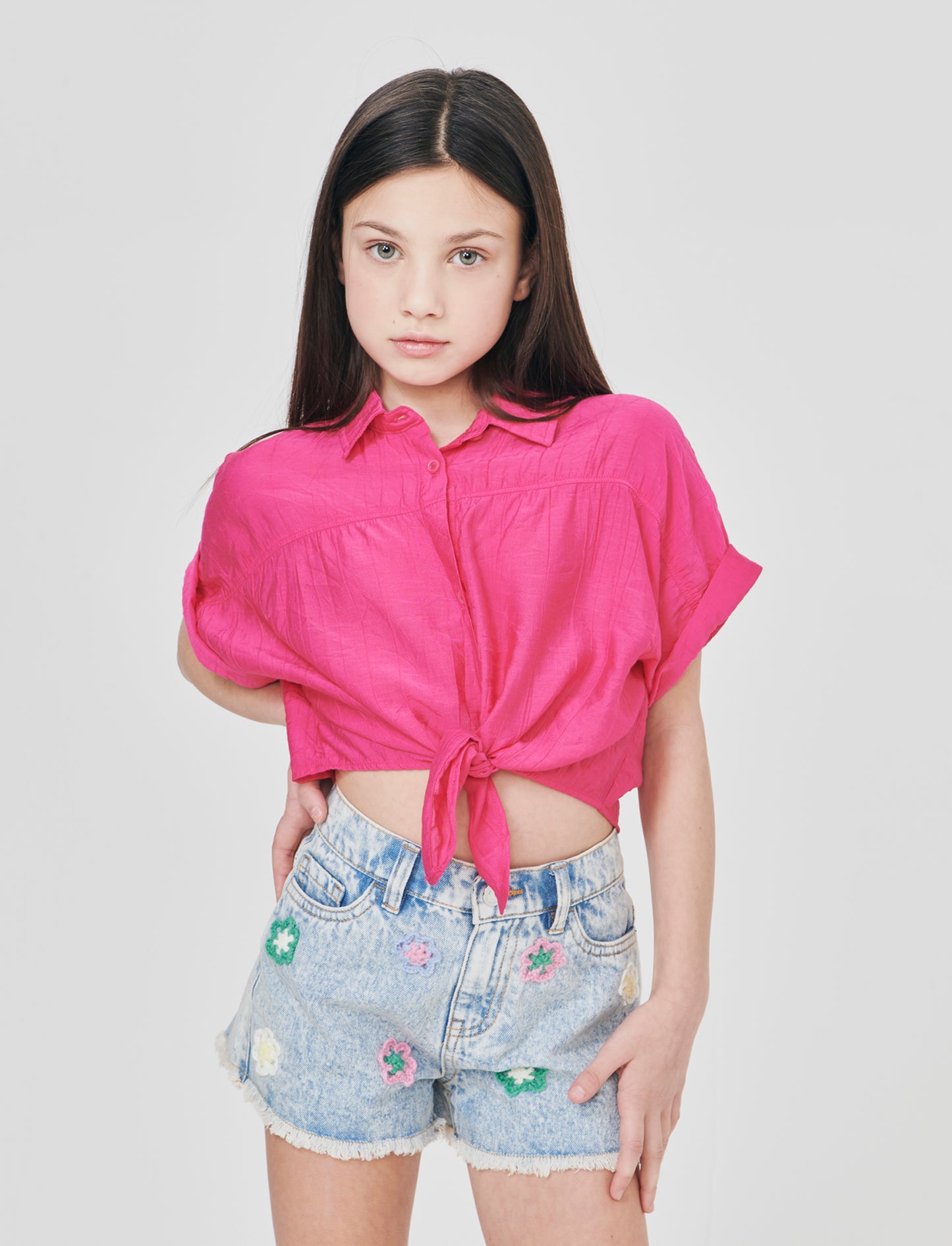 Camicia over annodata in tessuto goffrato - Fuxia