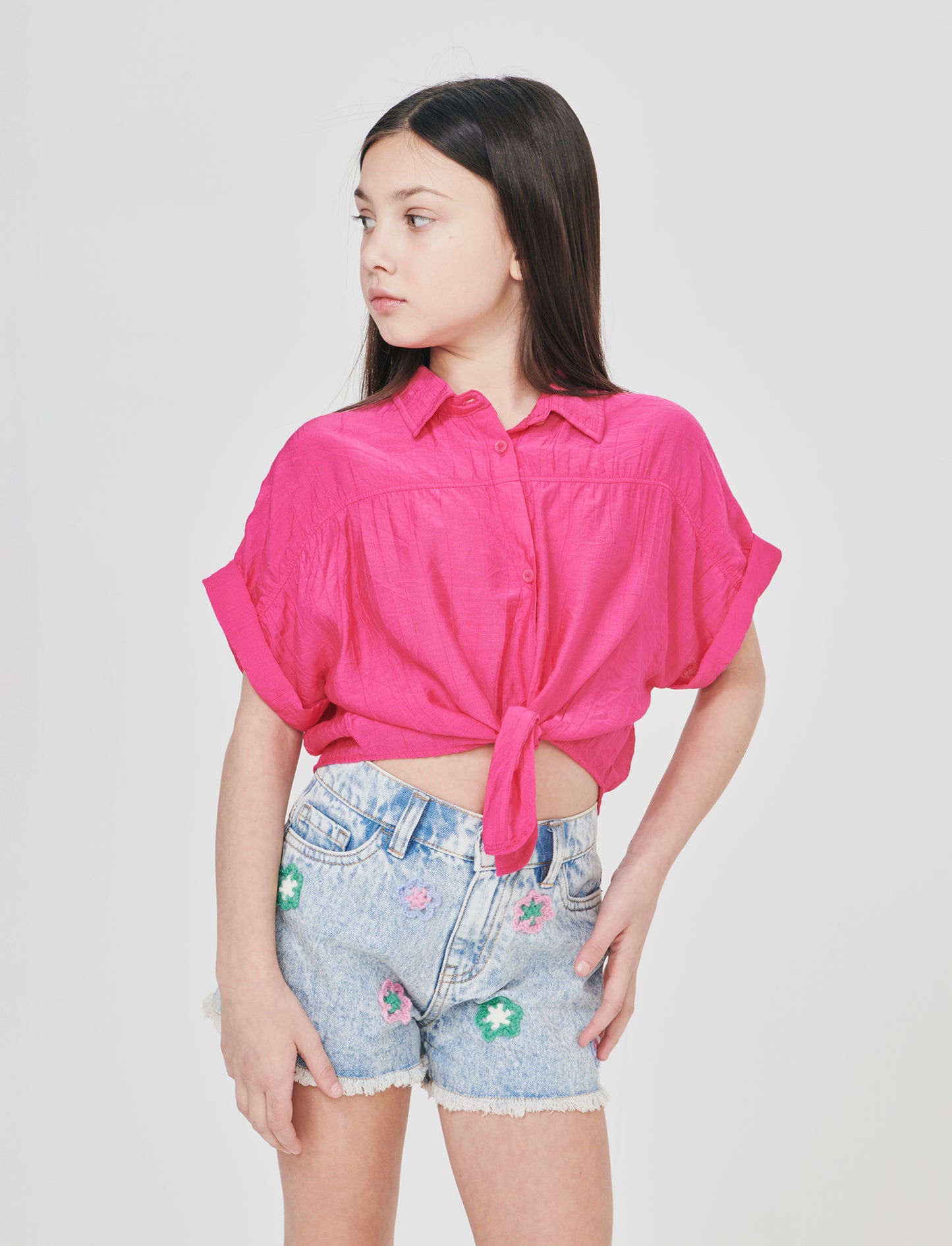 Camicia over annodata in tessuto goffrato - Fuxia