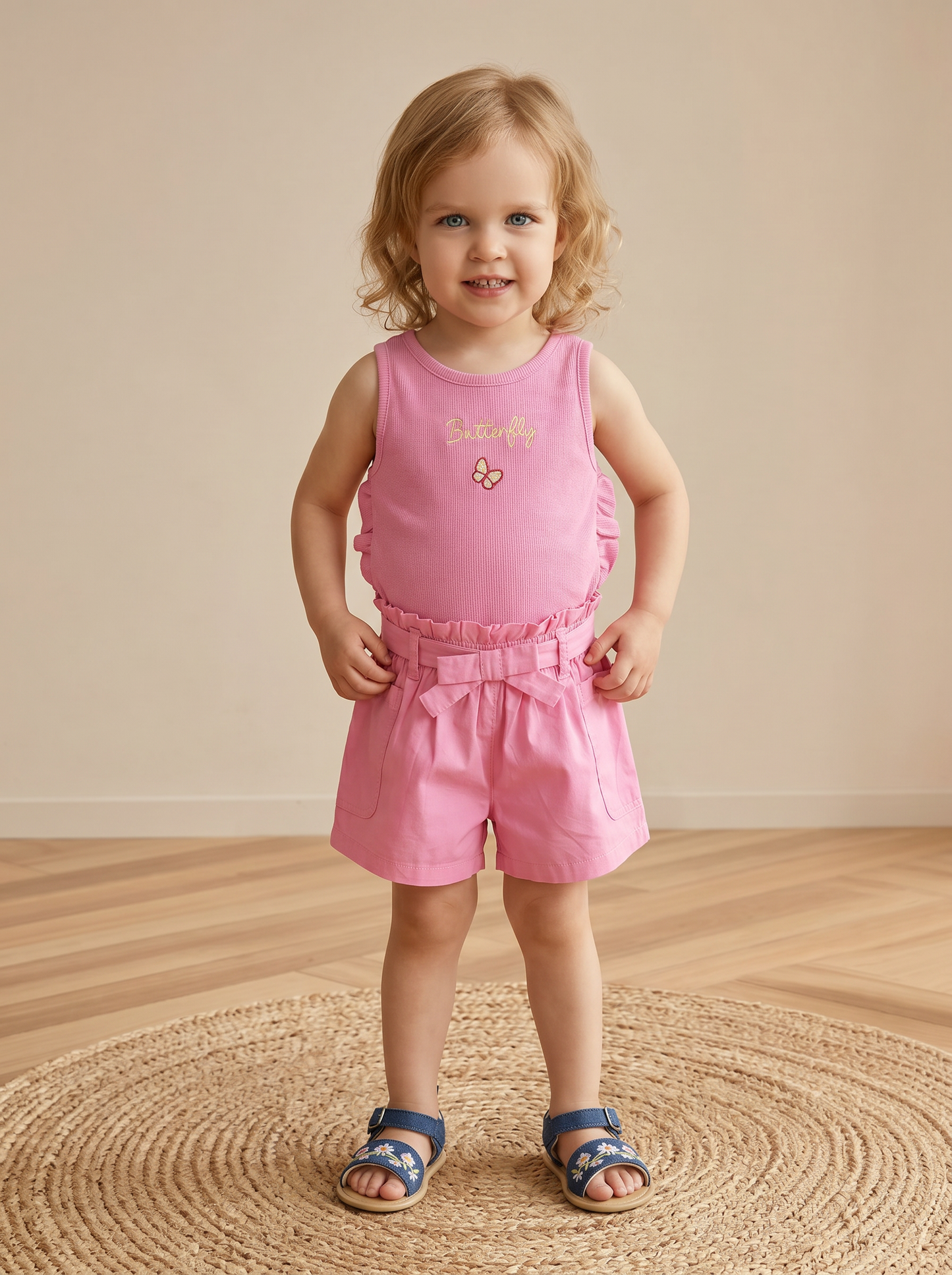 Ribbed tank top with ruffles and embroidery - Pink