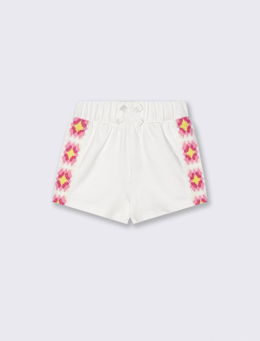 Bermuda in cotone con fasce crochet - Bianco latte