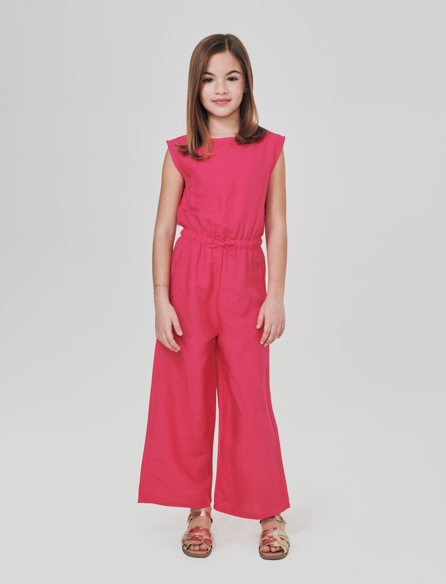 Salopette lunga in misto lino con vita elastica - Fuxia