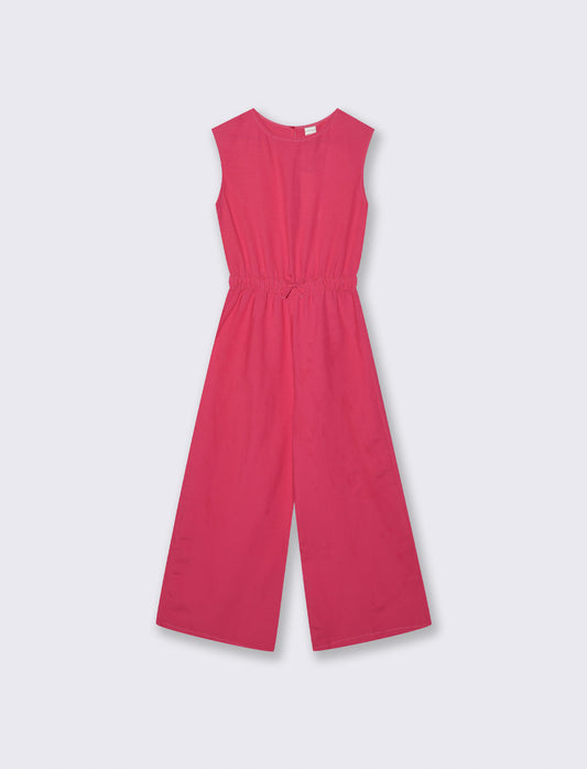 Salopette lunga in misto lino con vita elastica - Fuxia