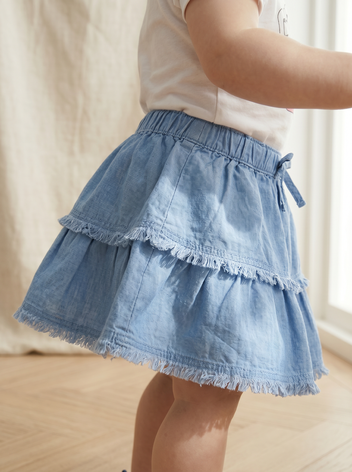 Linen blend skirt with internal shorts - Sky blue