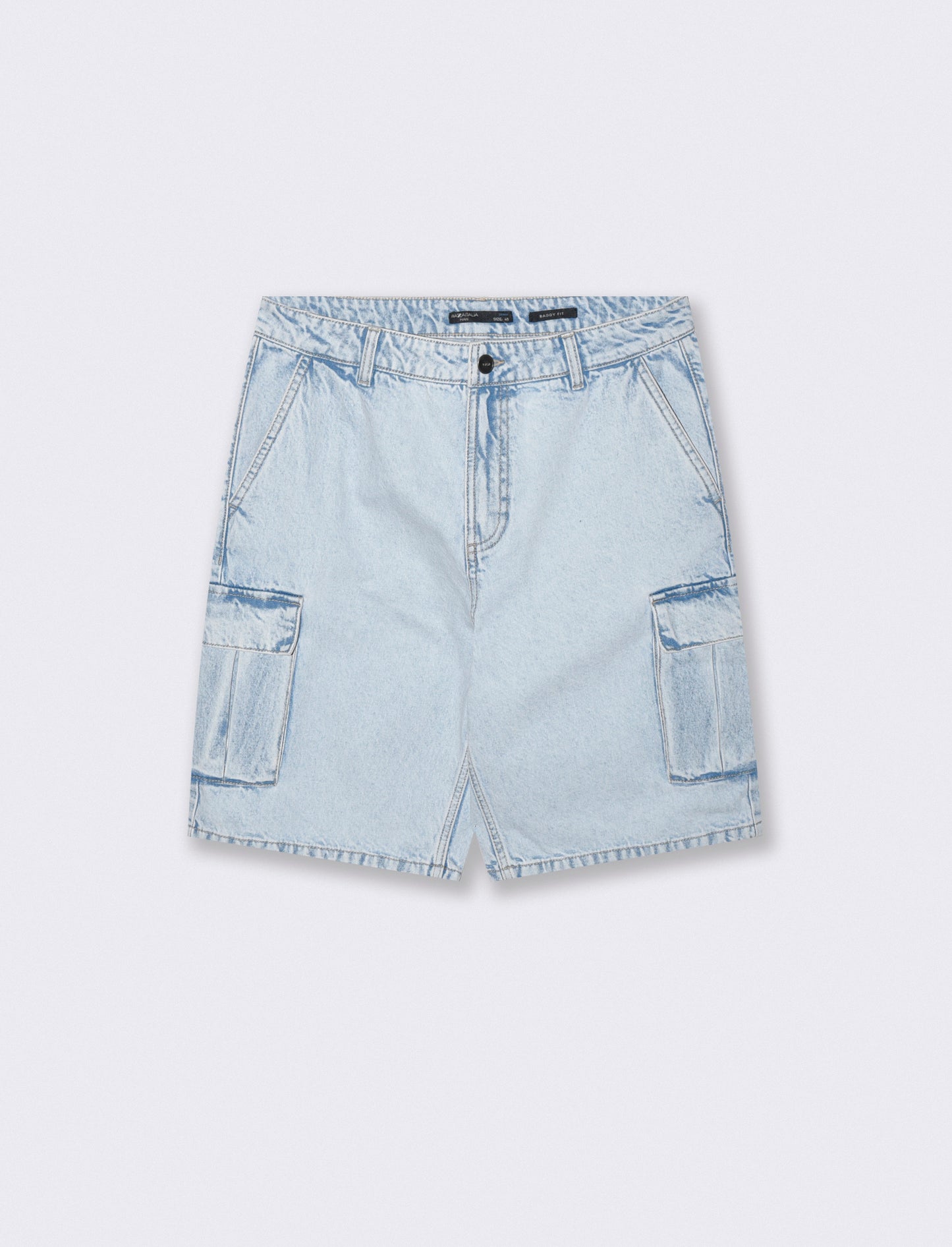 Bermuda Jeans Cargo Baggy Fit Effetto Slavato - Denim chiaro