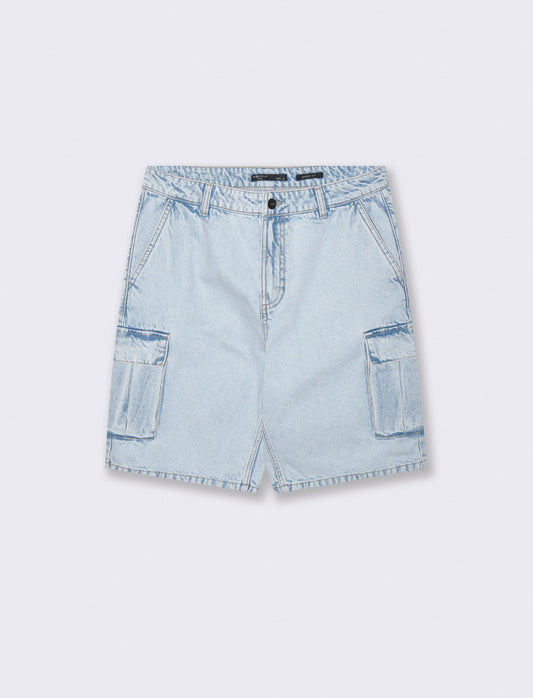 Bermuda Jeans Cargo Baggy Fit Effetto Slavato - Denim chiaro