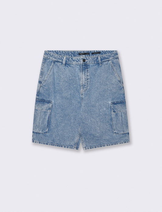 Bermuda Jeans Cargo Baggy Fit Effetto Slavato - Denim