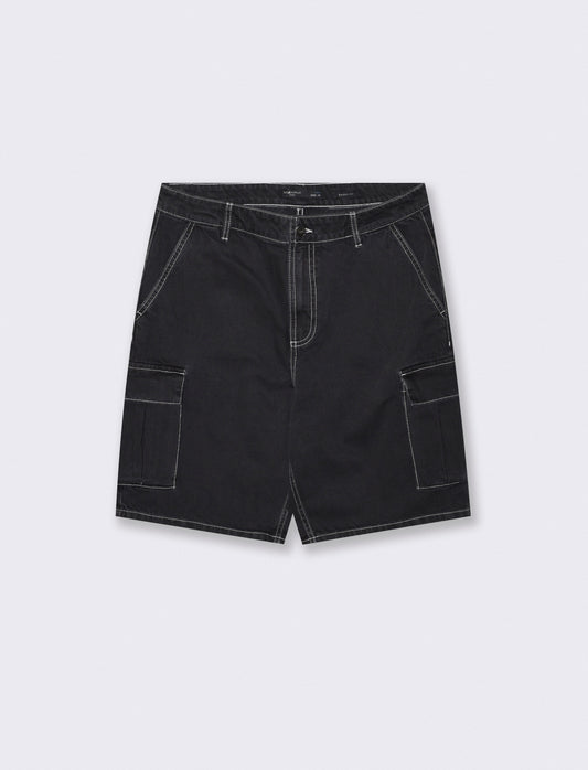 Bermuda Jeans Cargo Baggy Fit Effetto Slavato - Nero