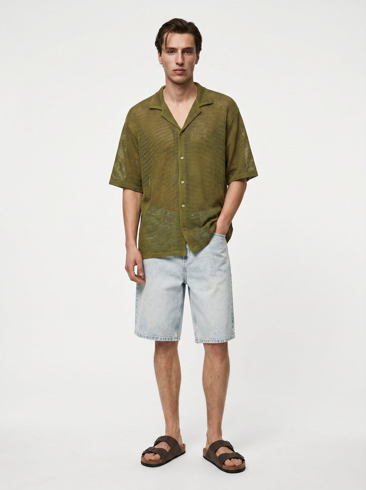 Boxy Fit Crochet Net Effect Shirt - Green