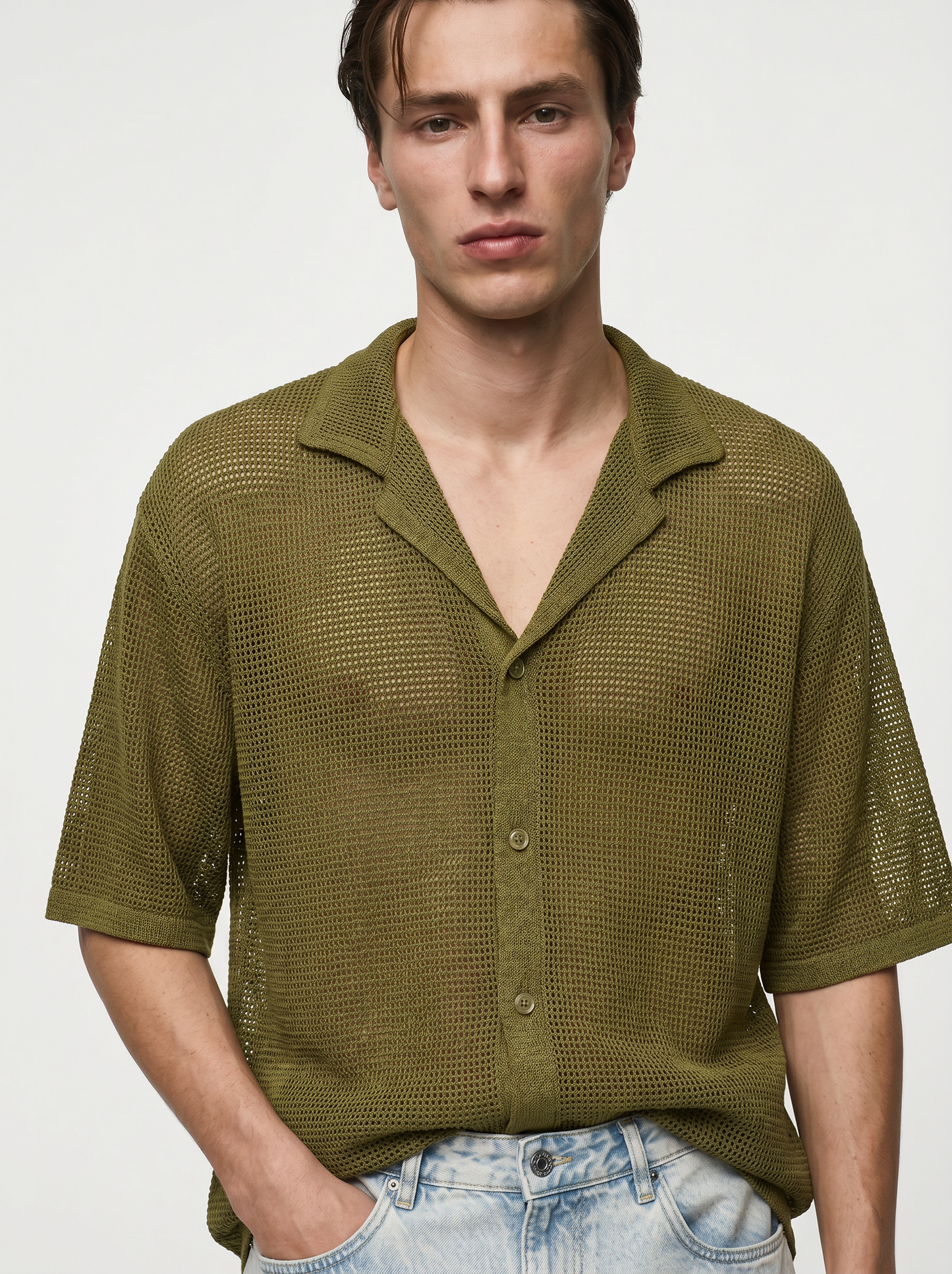 Boxy Fit Crochet Net Effect Shirt - Green
