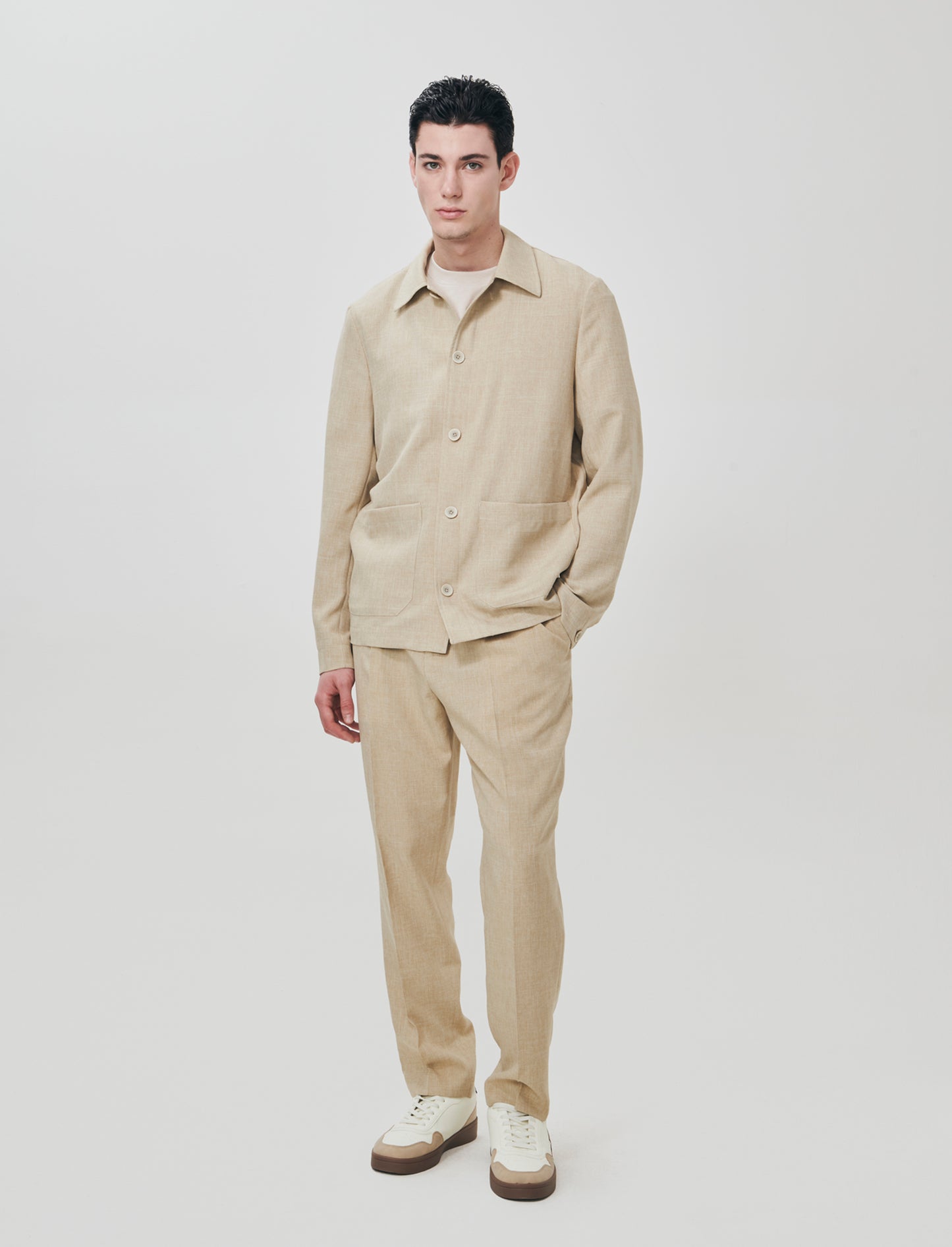 Pantaloni effetto lino con vita elastica - Beige