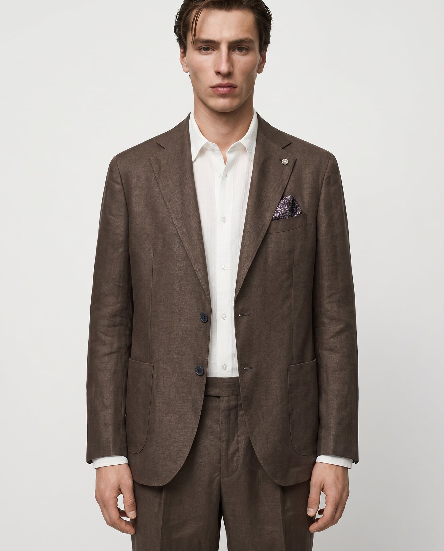 Blazer formal fit in pure diagonal linen - Brown