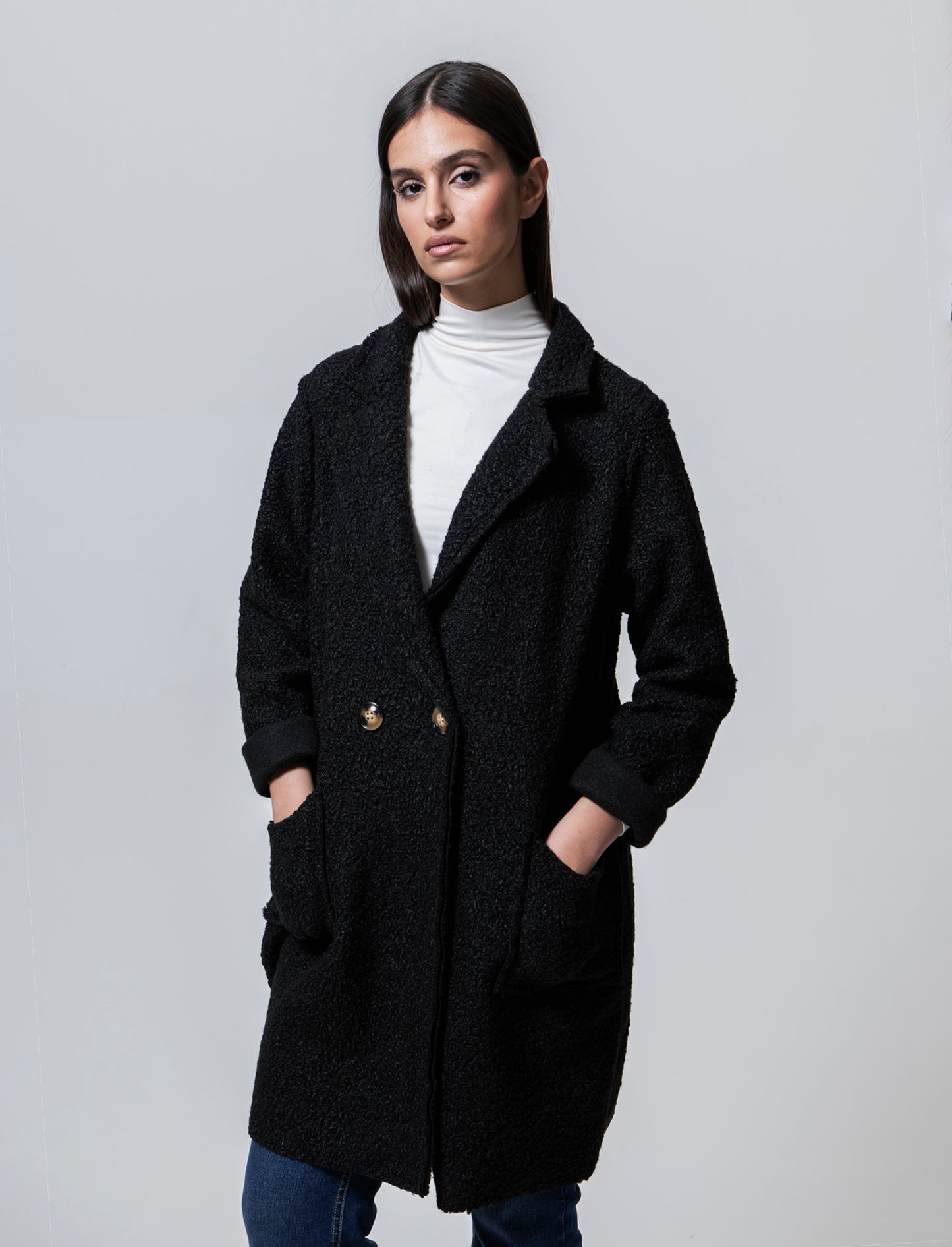 CAPPOTTO IN TESSUTO ARRICCIATO - Nero