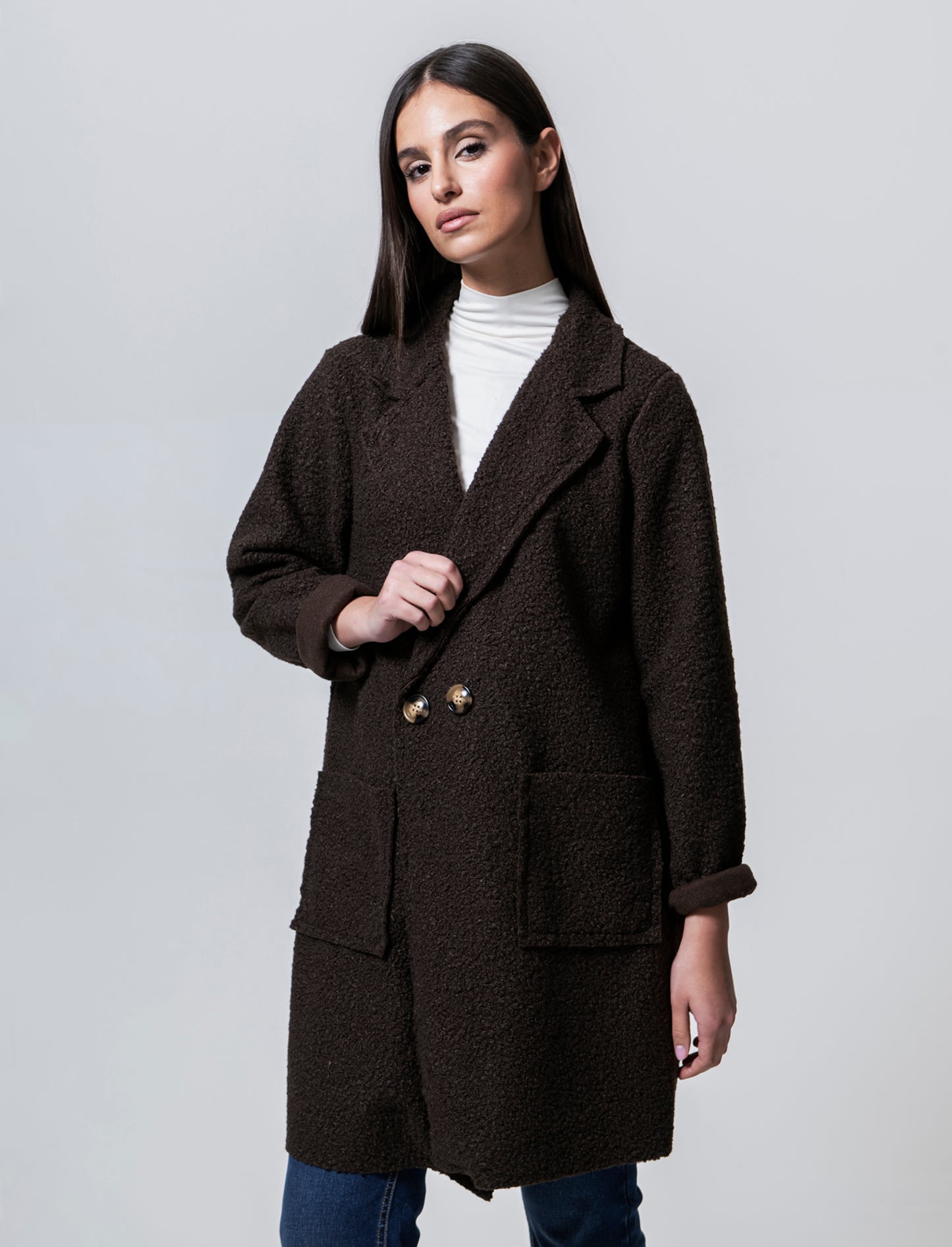 CAPPOTTO IN TESSUTO ARRICCIATO - Moro