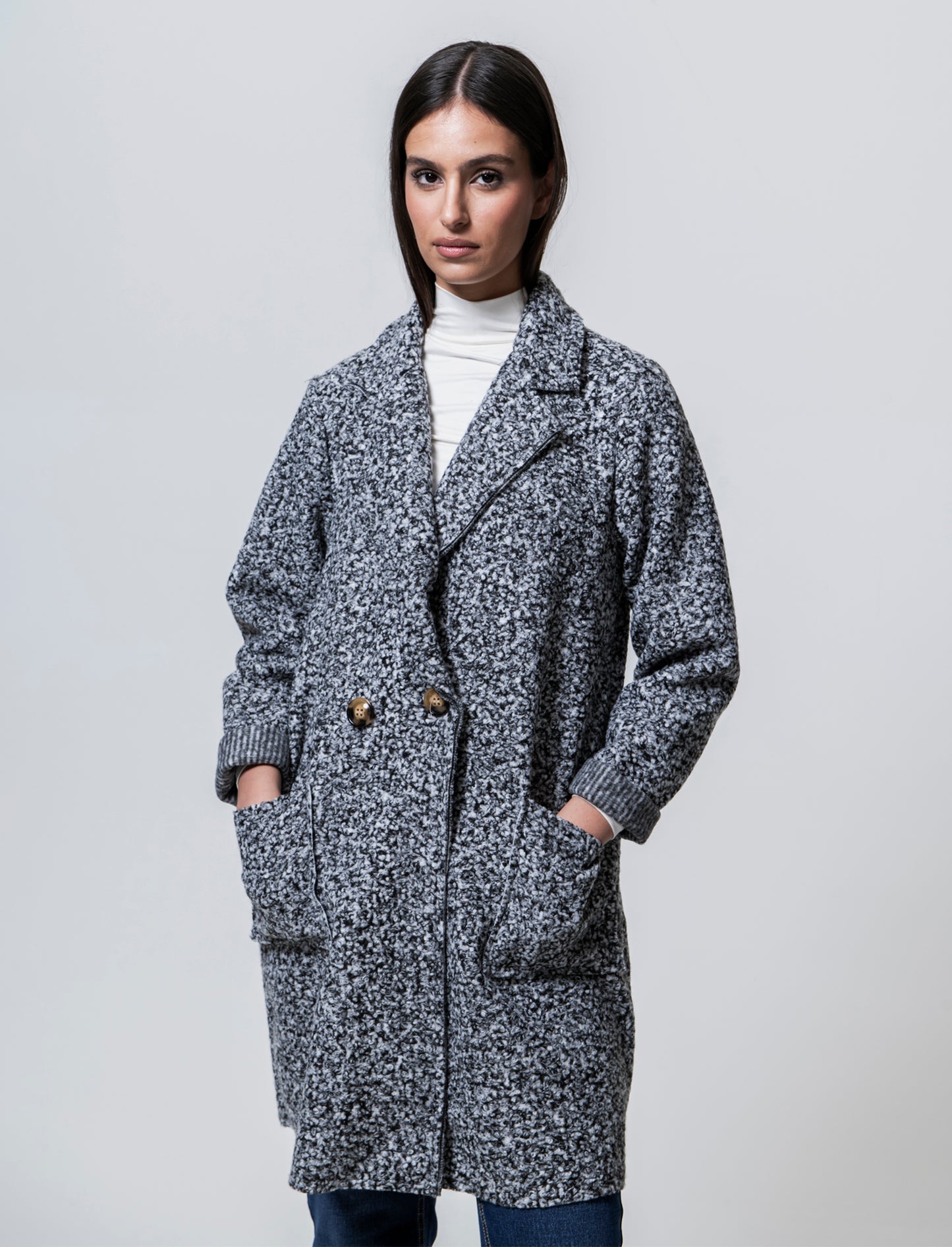 CAPPOTTO IN TESSUTO ARRICCIATO - Grigio chiaro mel.