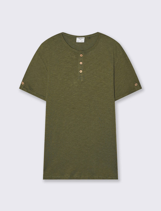 T-shirt cotone collo serafino bottoni - Verde oliva