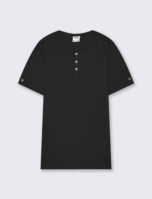 T-shirt cotone collo serafino bottoni - Nero