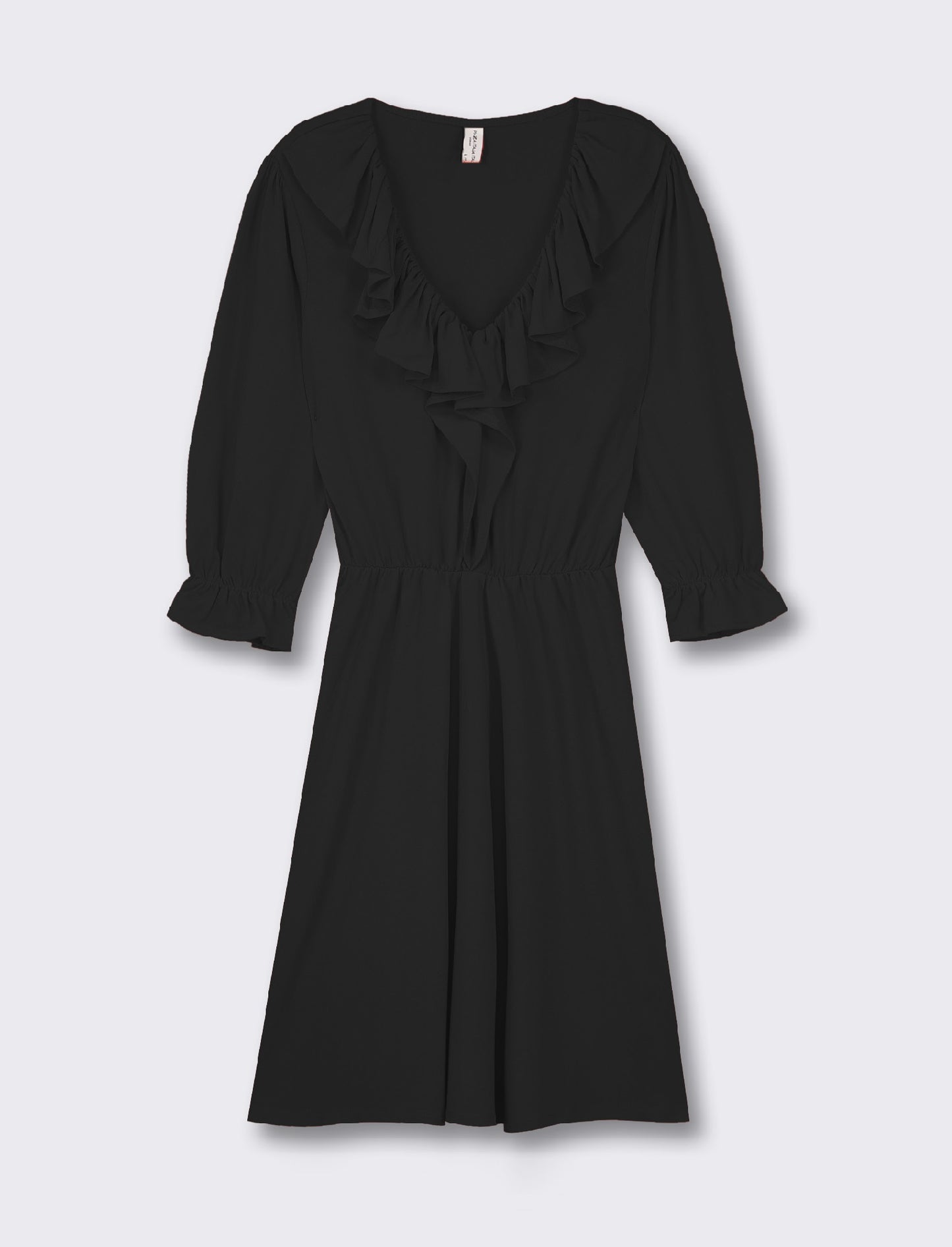 Light Fabric Midi Dress with Ruched Neck and Sleeves. V-neck and Waist Detail - Black