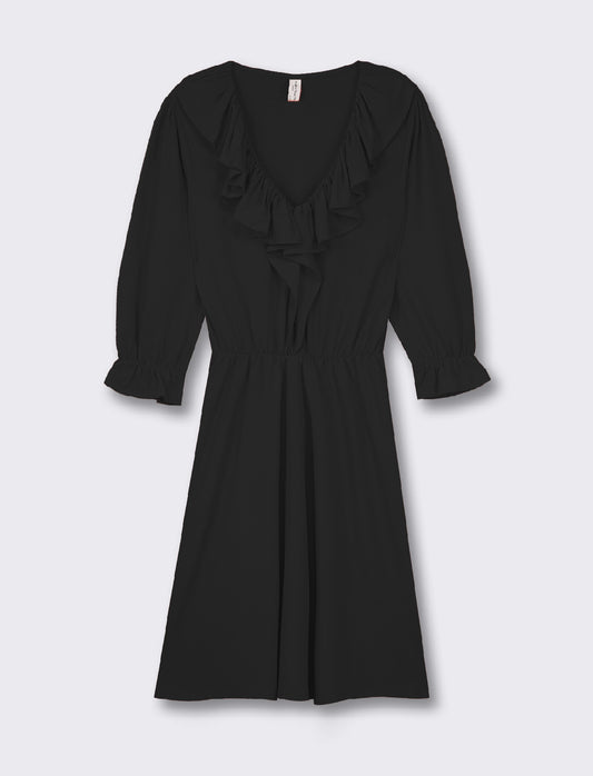 Light Fabric Midi Dress with Ruched Neck and Sleeves. V-neck and Waist Detail - Black