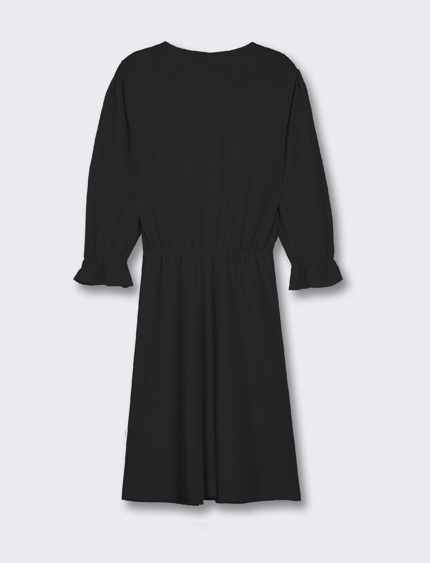 Light Fabric Midi Dress with Ruched Neck and Sleeves. V-neck and Waist Detail - Black