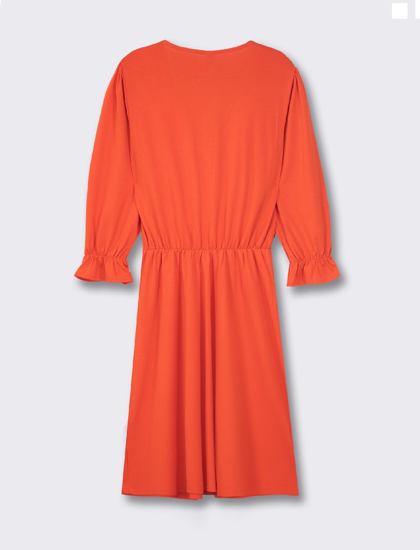 Light Fabric Midi Dress with Ruched Neck and Sleeves. V-neck and Waist Detail - Red