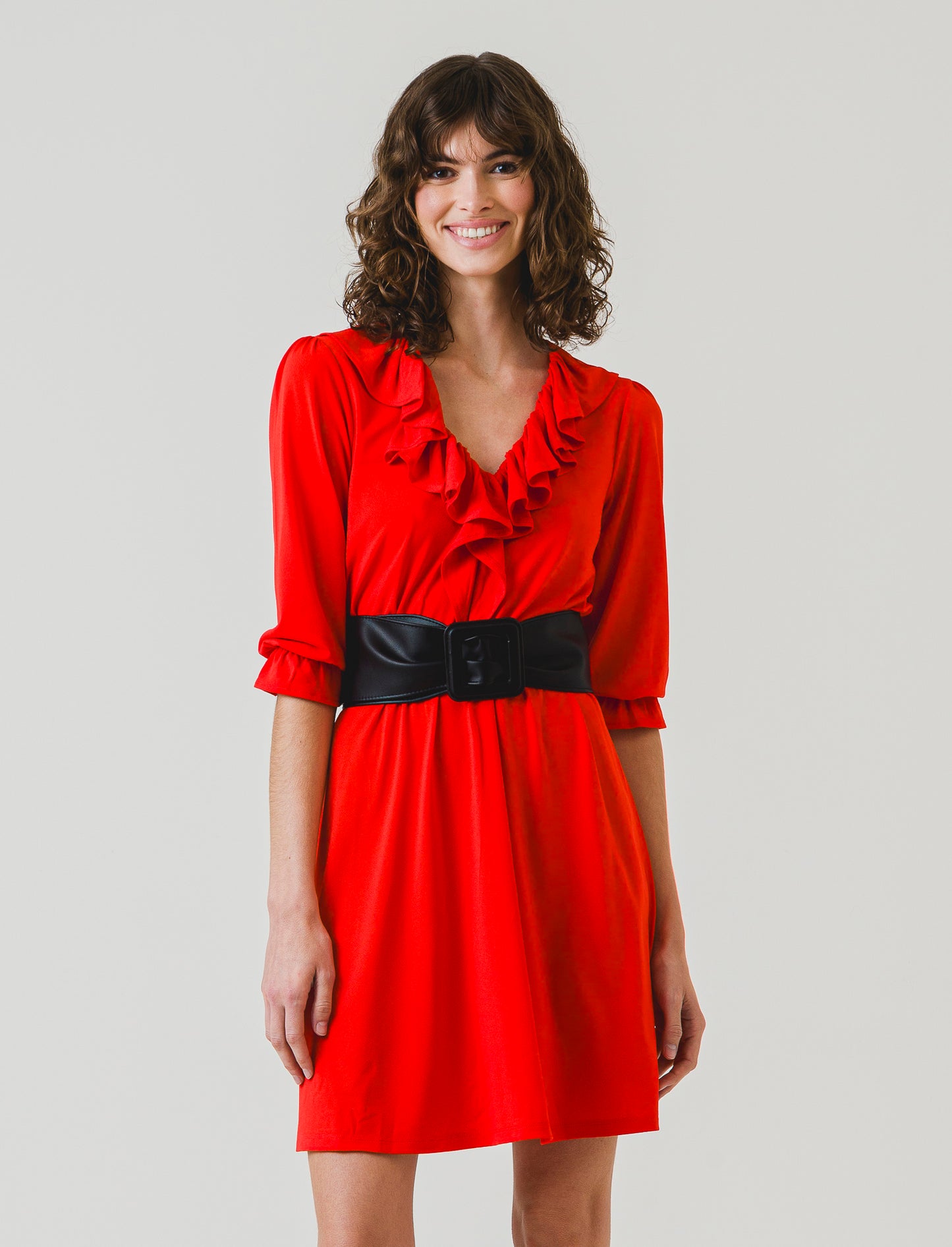 Light Fabric Midi Dress with Ruched Neck and Sleeves. V-neck and Waist Detail - Red