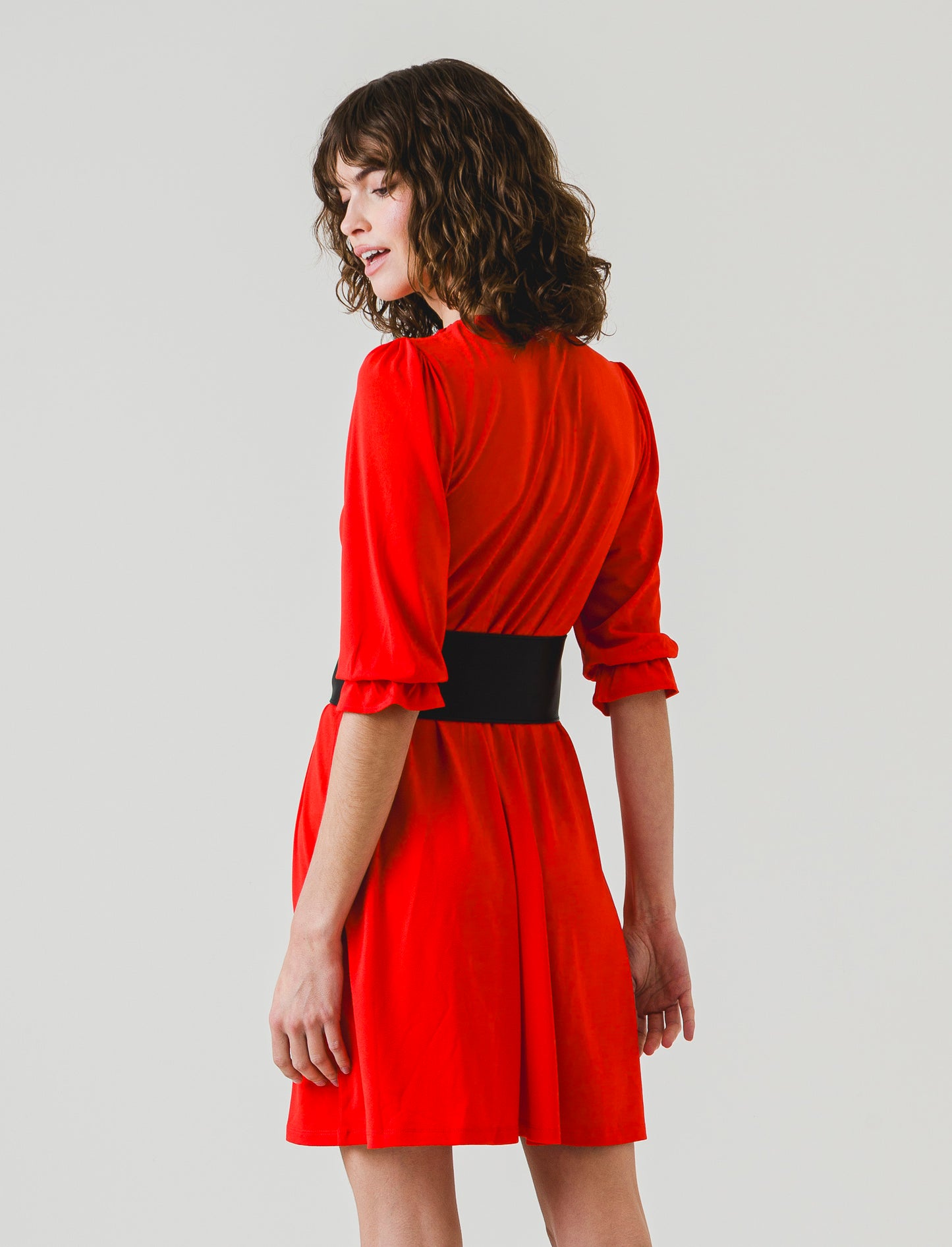 Light Fabric Midi Dress with Ruched Neck and Sleeves. V-neck and Waist Detail - Red