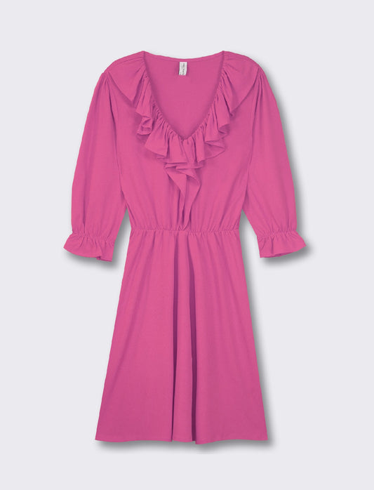 Light Fabric Midi Dress with Ruched Neck and Sleeves. V-neck and Waist Detail - Fuxia