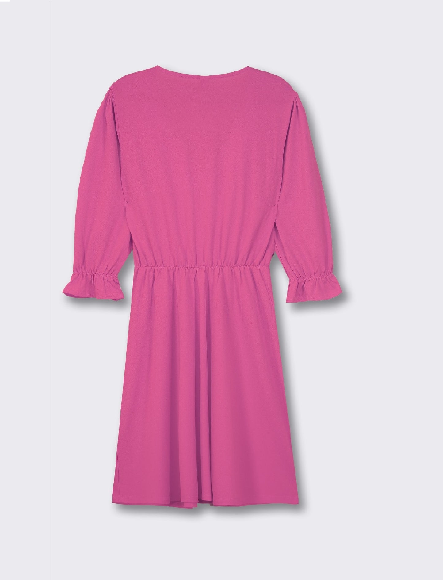 Light Fabric Midi Dress with Ruched Neck and Sleeves. V-neck and Waist Detail - Fuxia