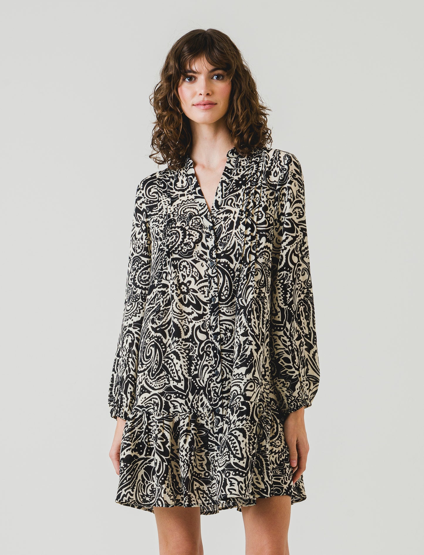 Patterned Dress with Front Embellishment and Buttons - 