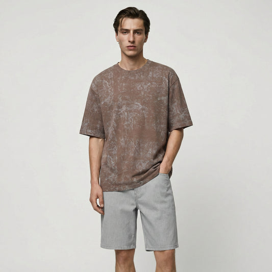 T-shirt cotone con stampa astratta all over - Grigio fango