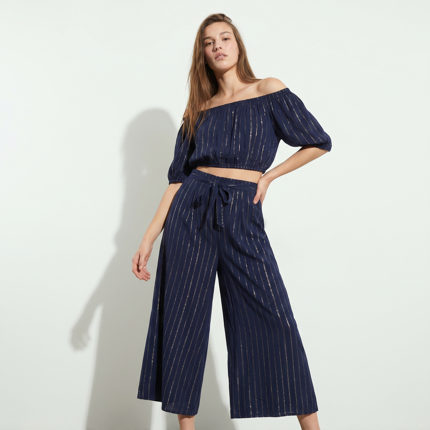 Palazzo Trousers with Lurex and Belt - Blue