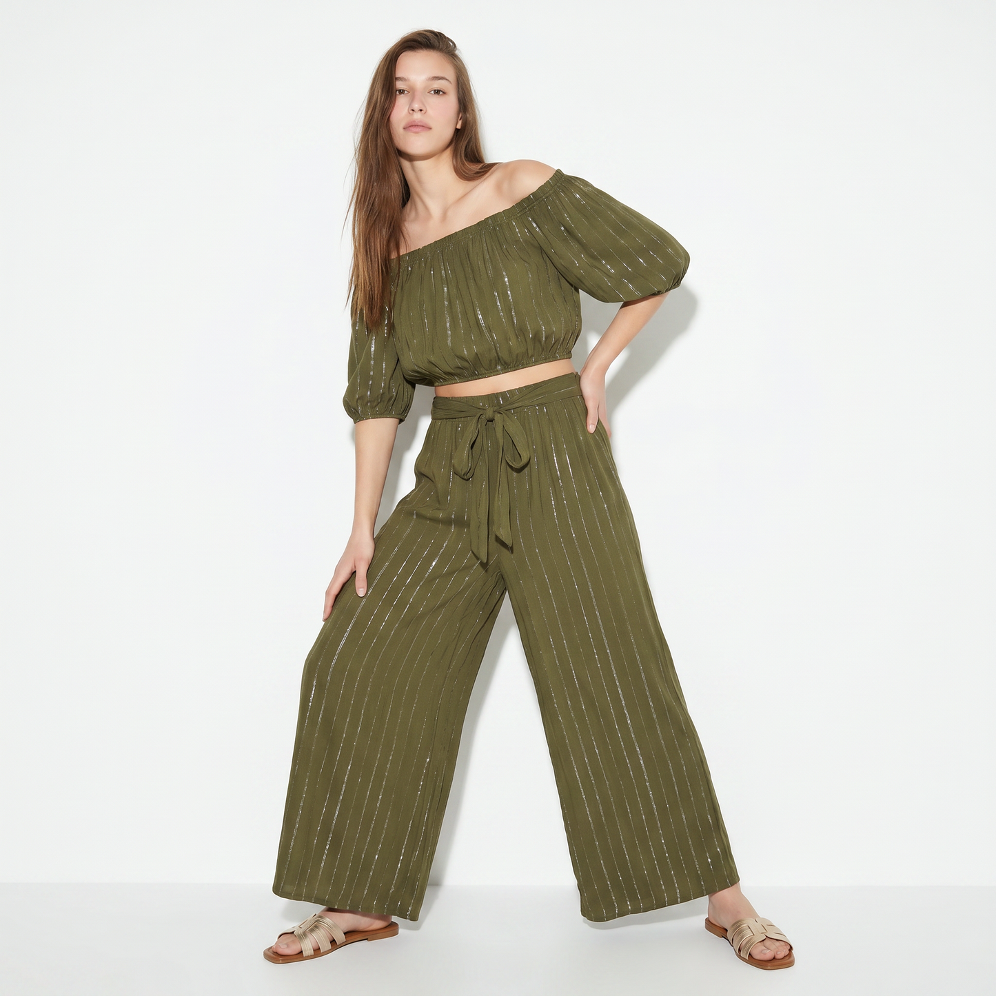 Palazzo Trousers with Lurex and Belt - Green